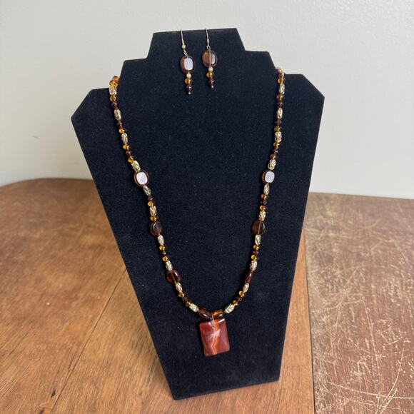 Artisan Handmade Red‎ Brown Glass Bead 24 inch Necklace & Earring Set - Picture 1 of 5
